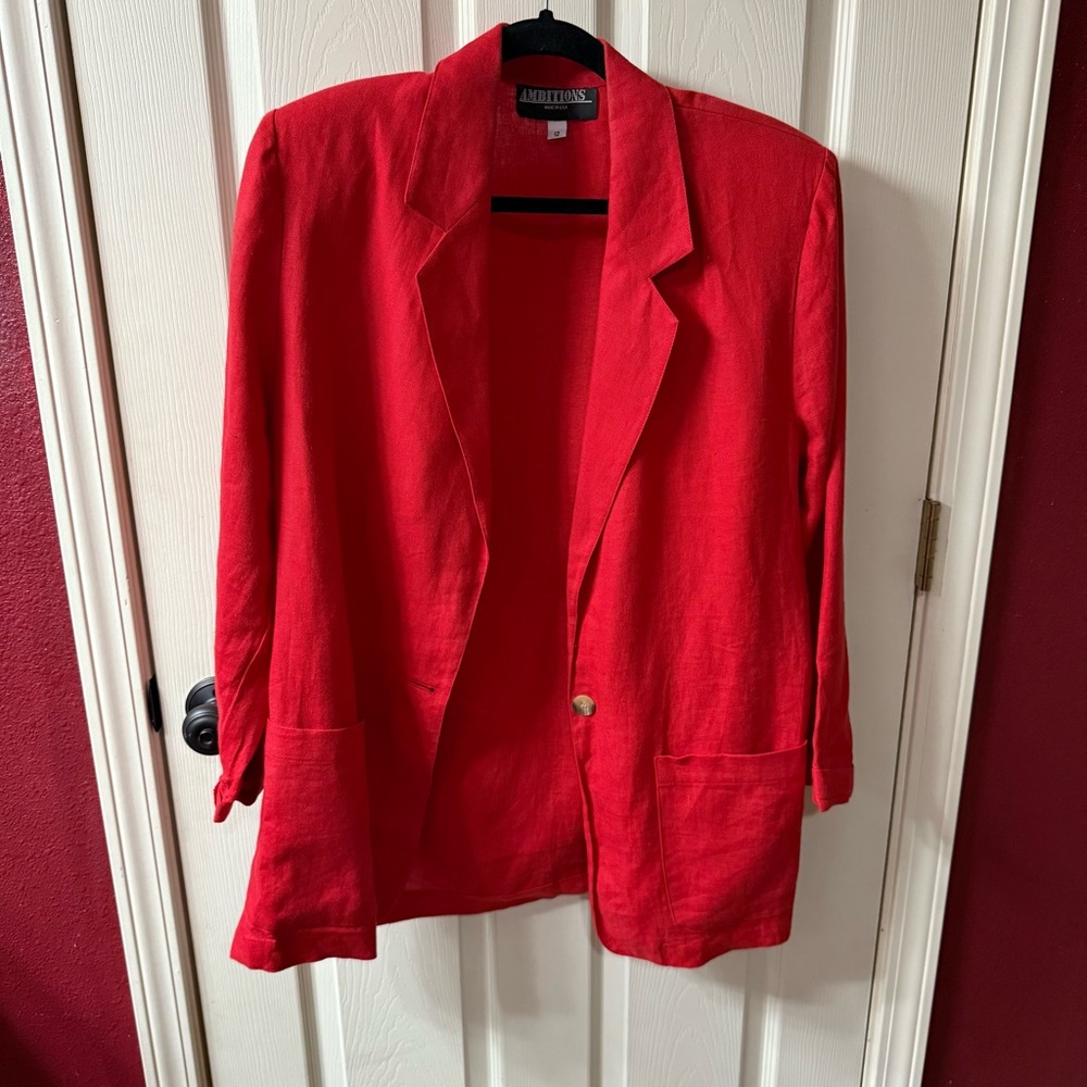AMBITIONS Women Red Linen Blazer Jacket‎ Single Button Pockets Size 12